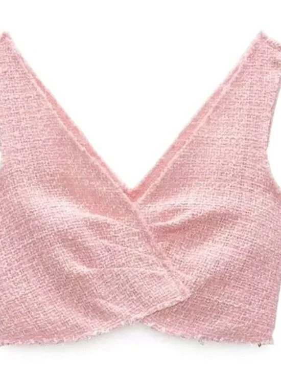 Zara Women's Crop Top Size Medium Pink Tweed V Neckline Sleeveless Festival Y2K - Picture 2 of 10